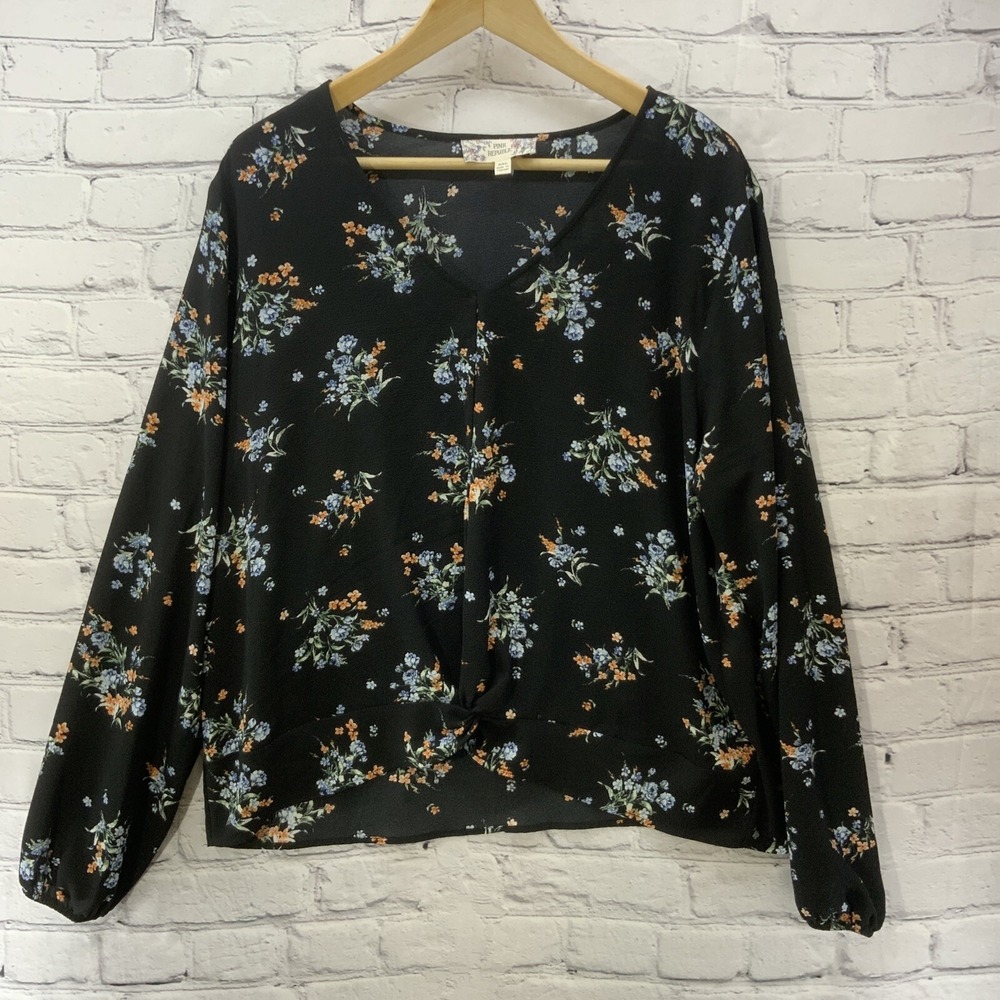 Pink Republic Blouse Womens Sz XXL‎ Peasant Floral Print Black